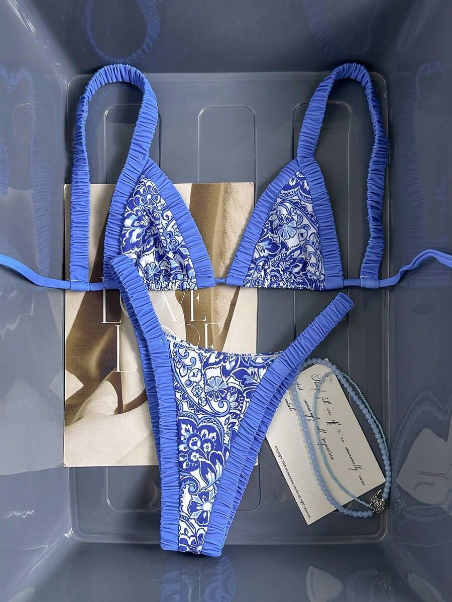 Swim Vcay Women's Summer Beach Vacation Thick Strap Solid & Floral Print Backless Ruched High Waist Sexy Micro Triangle Bikini Set Boho Bikini Set Snake Print Bikini Vacation Bikini Set Swim Oasis 2 Piece High Rise Bikini Set - Image 2