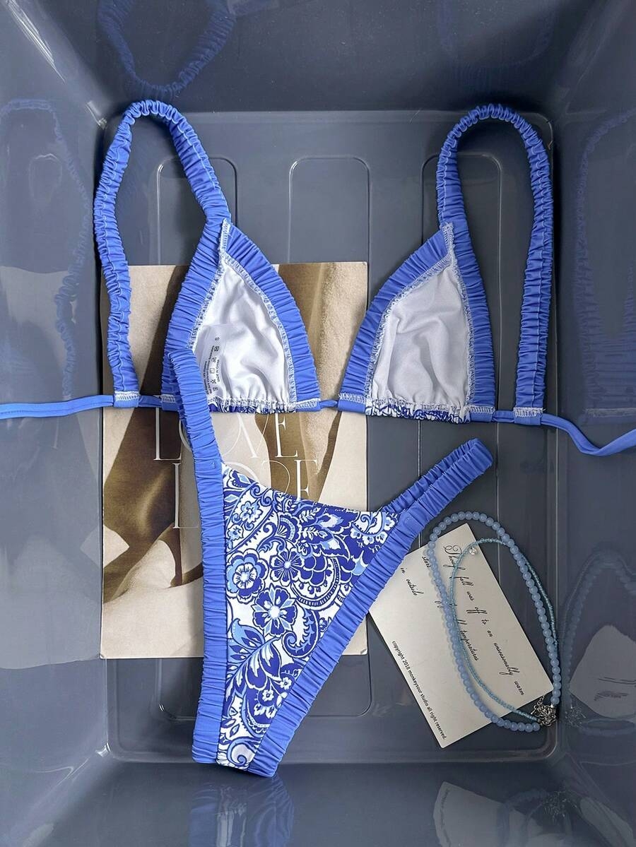 Swim Vcay Women's Summer Beach Vacation Thick Strap Solid & Floral Print Backless Ruched High Waist Sexy Micro Triangle Bikini Set Boho Bikini Set Snake Print Bikini Vacation Bikini Set Swim Oasis 2 Piece High Rise Bikini Set - Image 4