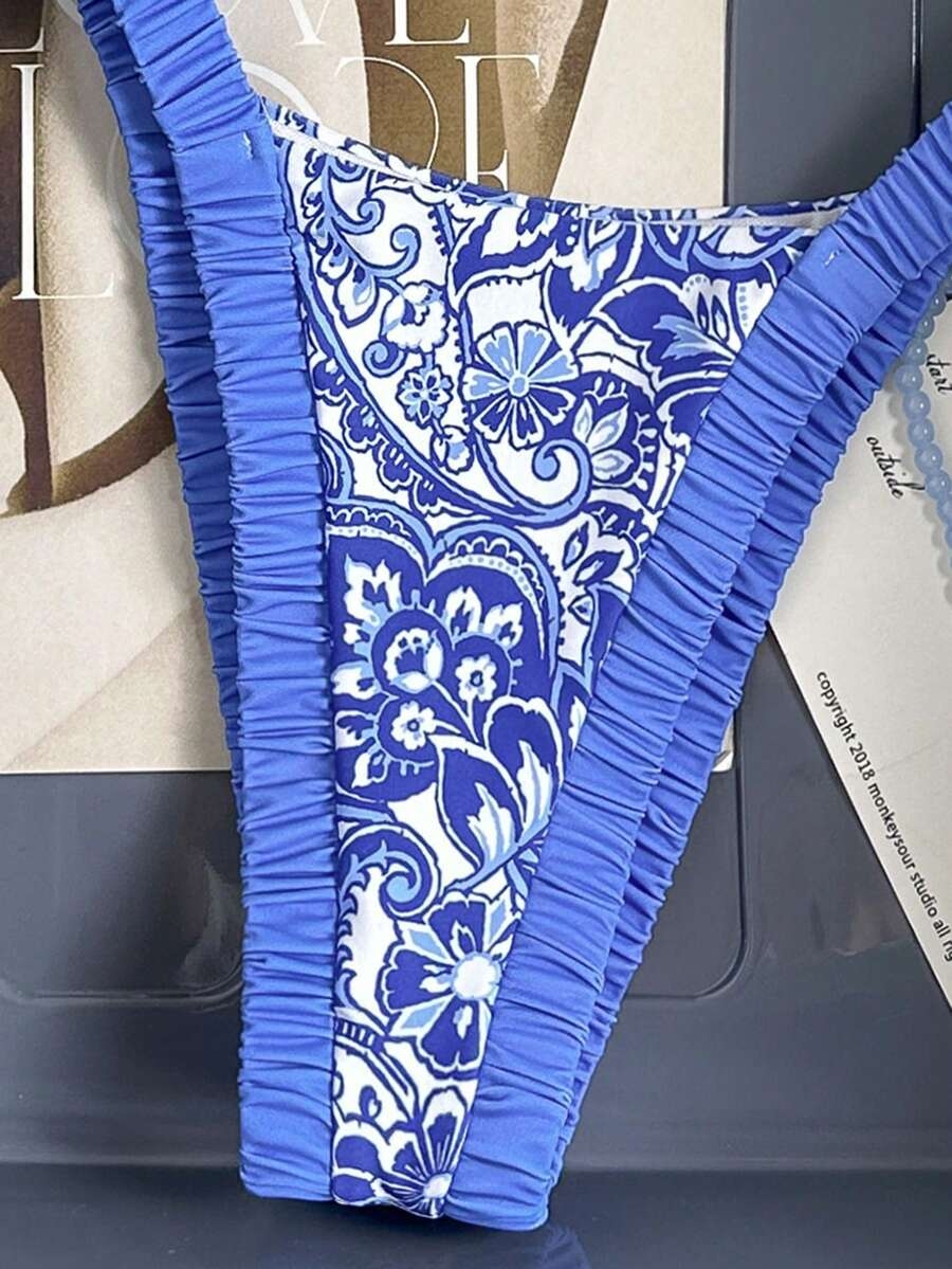 Swim Vcay Women's Summer Beach Vacation Thick Strap Solid & Floral Print Backless Ruched High Waist Sexy Micro Triangle Bikini Set Boho Bikini Set Snake Print Bikini Vacation Bikini Set Swim Oasis 2 Piece High Rise Bikini Set - Image 5