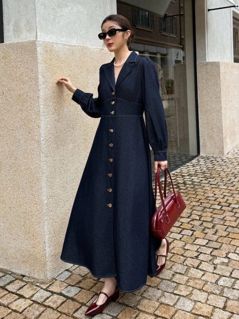 K-Vae Women's Autumn And Winter Suit Collar Long Breasted Denim Dress, Old Money Style Dress, Elegant And Noble Party Dress,New Year's Wear - Image 4