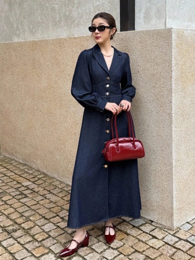 K-Vae Women's Autumn And Winter Suit Collar Long Breasted Denim Dress, Old Money Style Dress, Elegant And Noble Party Dress,New Year's Wear - Image 5