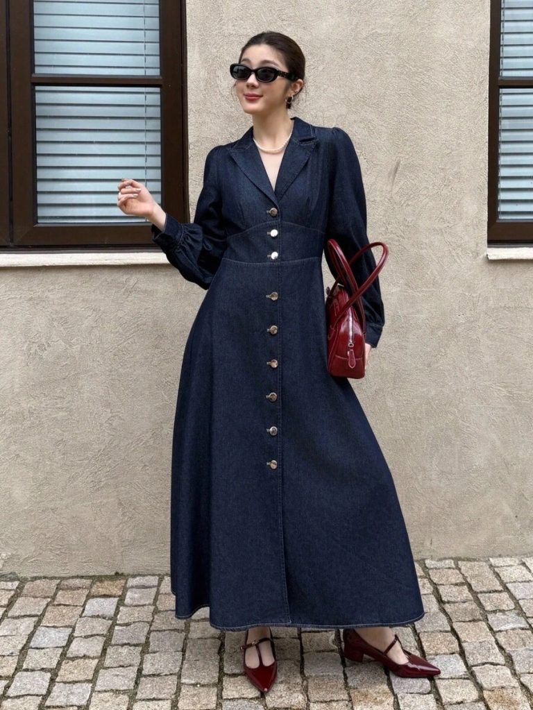 K-Vae Women's Autumn And Winter Suit Collar Long Breasted Denim Dress, Old Money Style Dress, Elegant And Noble Party Dress,New Year's Wear - Image 6
