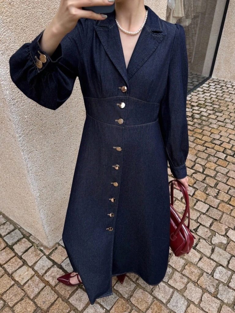 K-Vae Women's Autumn And Winter Suit Collar Long Breasted Denim Dress, Old Money Style Dress, Elegant And Noble Party Dress,New Year's Wear - Image 7