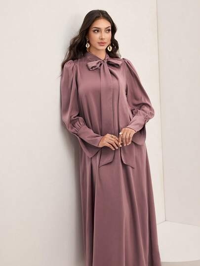 Al Najma Women's Solid Color Tie Collar Puff Sleeve Elegant Arabic Style Dress Tie-Neck Dress Modest Dress