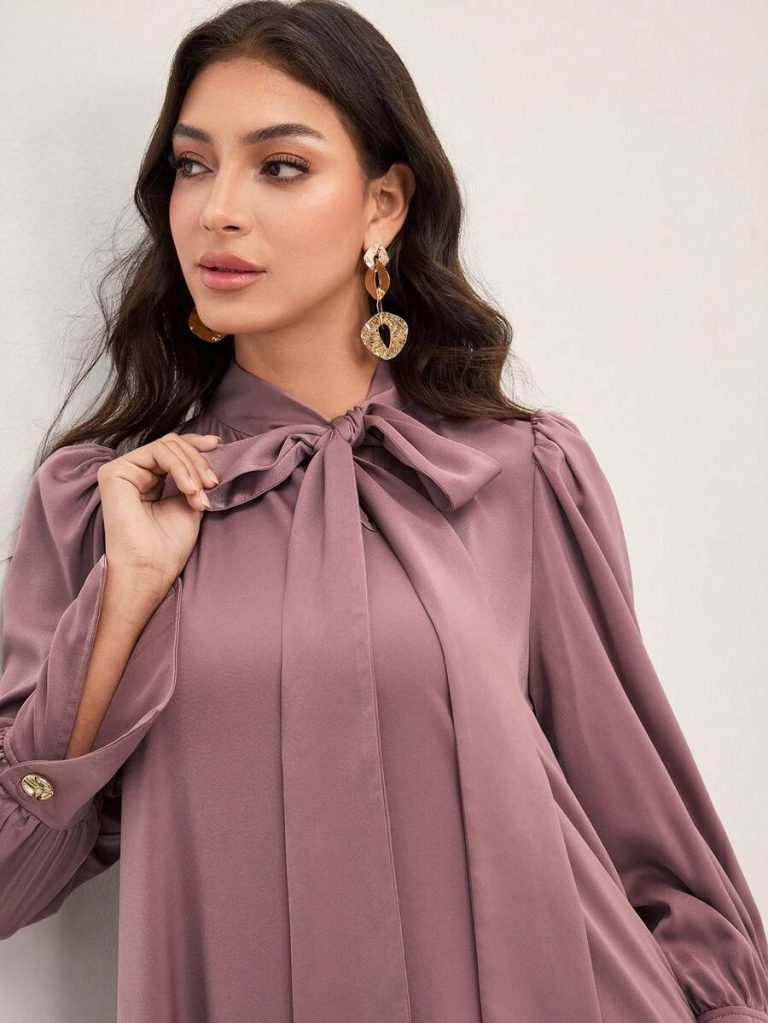 Al Najma Women's Solid Color Tie Collar Puff Sleeve Elegant Arabic Style Dress Tie-Neck Dress Modest Dress - Image 3