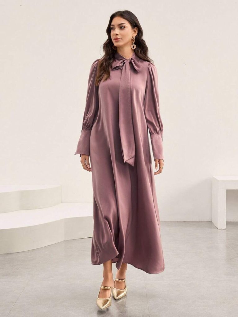 Al Najma Women's Solid Color Tie Collar Puff Sleeve Elegant Arabic Style Dress Tie-Neck Dress Modest Dress - Image 4