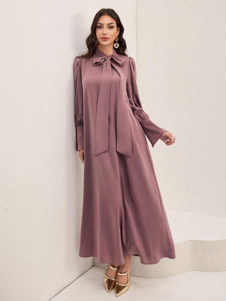 Al Najma Women's Solid Color Tie Collar Puff Sleeve Elegant Arabic Style Dress Tie-Neck Dress Modest Dress - Image 5