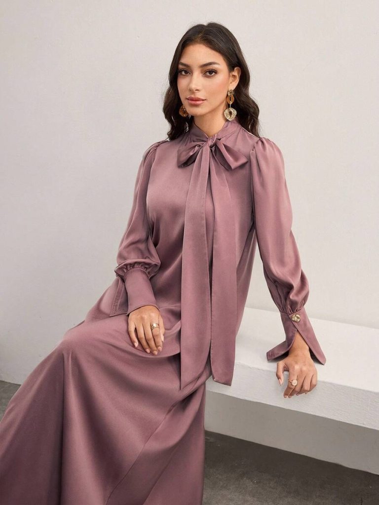 Al Najma Women's Solid Color Tie Collar Puff Sleeve Elegant Arabic Style Dress Tie-Neck Dress Modest Dress - Image 6