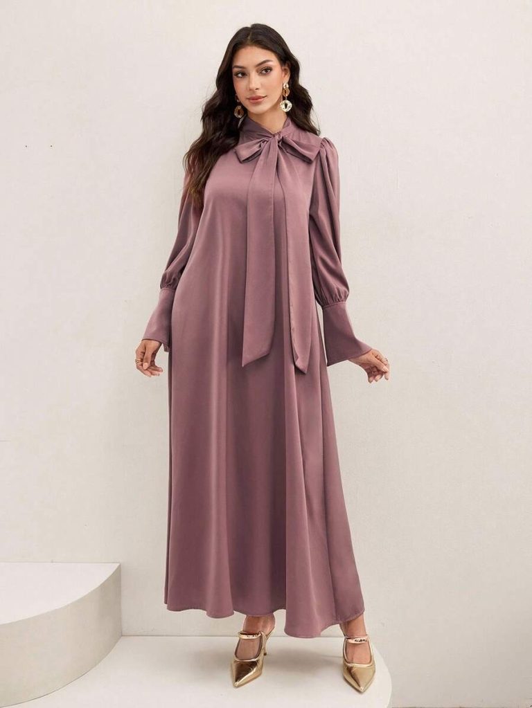 Al Najma Women's Solid Color Tie Collar Puff Sleeve Elegant Arabic Style Dress Tie-Neck Dress Modest Dress - Image 7