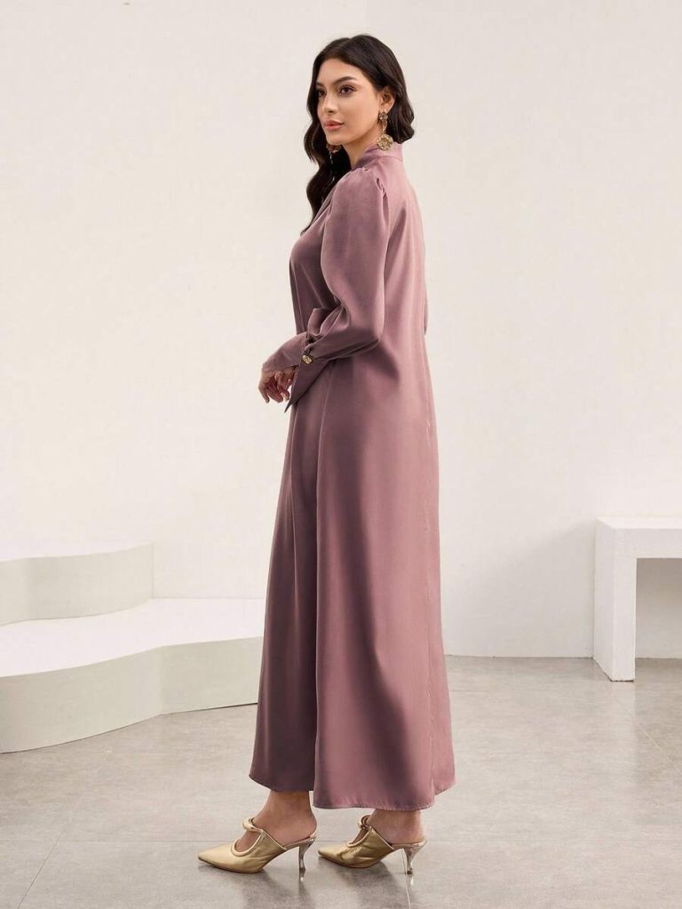 Al Najma Women's Solid Color Tie Collar Puff Sleeve Elegant Arabic Style Dress Tie-Neck Dress Modest Dress - Image 8