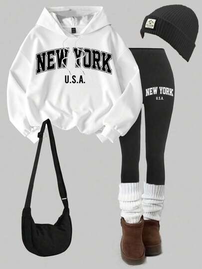 Slaydiva Fall Clothes/Winter Clothes/2pcs Set /Casual Hoodie Sweatshirt And Tight Leggings Set/Y2k Clothes/Streetwear /Back To School/Going Out Set/New York Letter Print