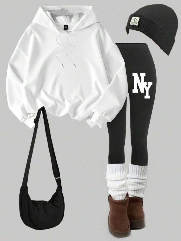 Slaydiva Fall Clothes/Winter Clothes/2pcs Set /Casual Hoodie Sweatshirt And Tight Leggings Set/Y2k Clothes/Streetwear /Back To School/Going Out Set/New York Letter Print - Image 9