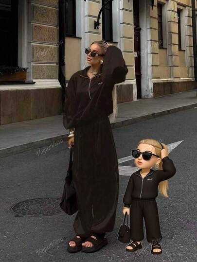 Women's 2 Pieces Set - Half Zip Velvet Elegant Casual Wide Leg Pants, Solid Color Elegant Casual Pockets
