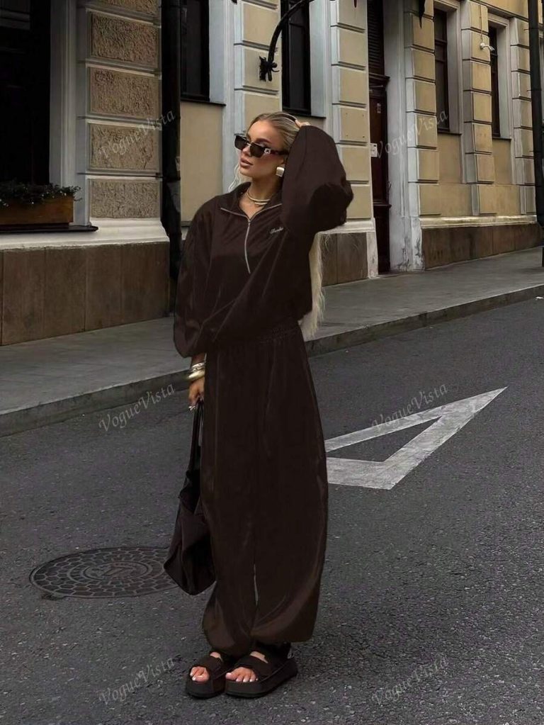Women's 2 Pieces Set - Half Zip Velvet Elegant Casual Wide Leg Pants, Solid Color Elegant Casual Pockets - Image 4
