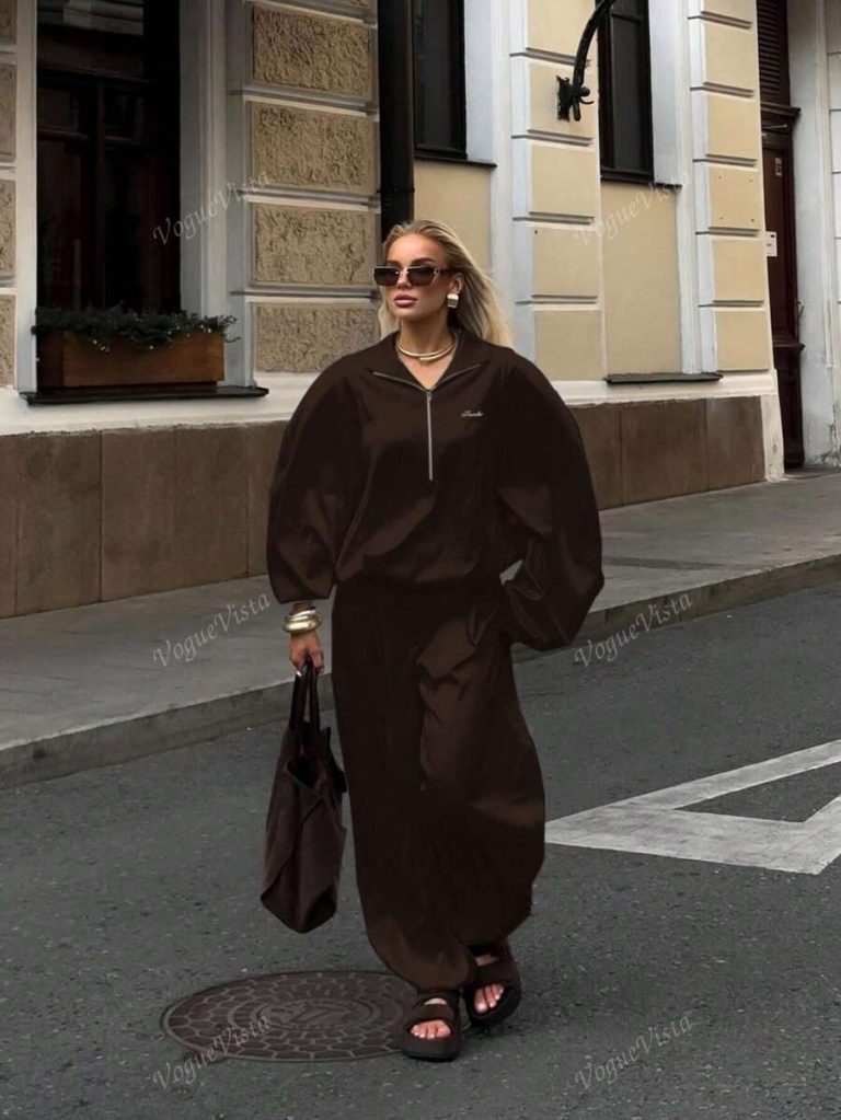 Women's 2 Pieces Set - Half Zip Velvet Elegant Casual Wide Leg Pants, Solid Color Elegant Casual Pockets - Image 5