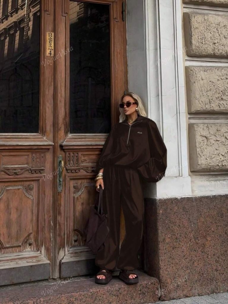 Women's 2 Pieces Set - Half Zip Velvet Elegant Casual Wide Leg Pants, Solid Color Elegant Casual Pockets - Image 6