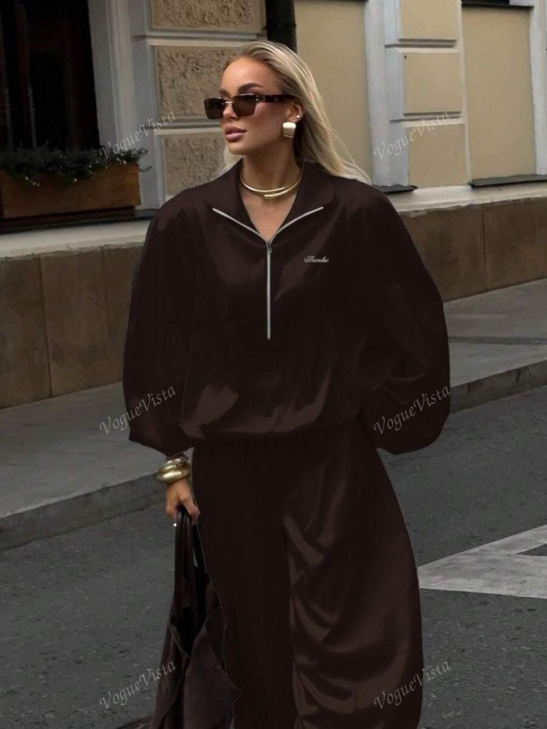 Women's 2 Pieces Set - Half Zip Velvet Elegant Casual Wide Leg Pants, Solid Color Elegant Casual Pockets - Image 7