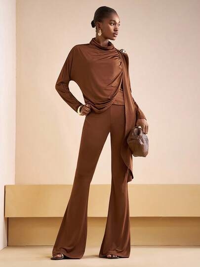 Zivah 2025 Autumn New Halloween Birthday Party Banquet College Style Student Daily Casual Cruise Travel Viral Hit Elegant Commute Business Casual Turtleneck Long Sleeve Metal Decor Shoulder Fitted Asymmetric Hem T-Shirt Paired With Fitted Flare Pants, Burgundy, Women 2-Piece Set, Autumn/Winter