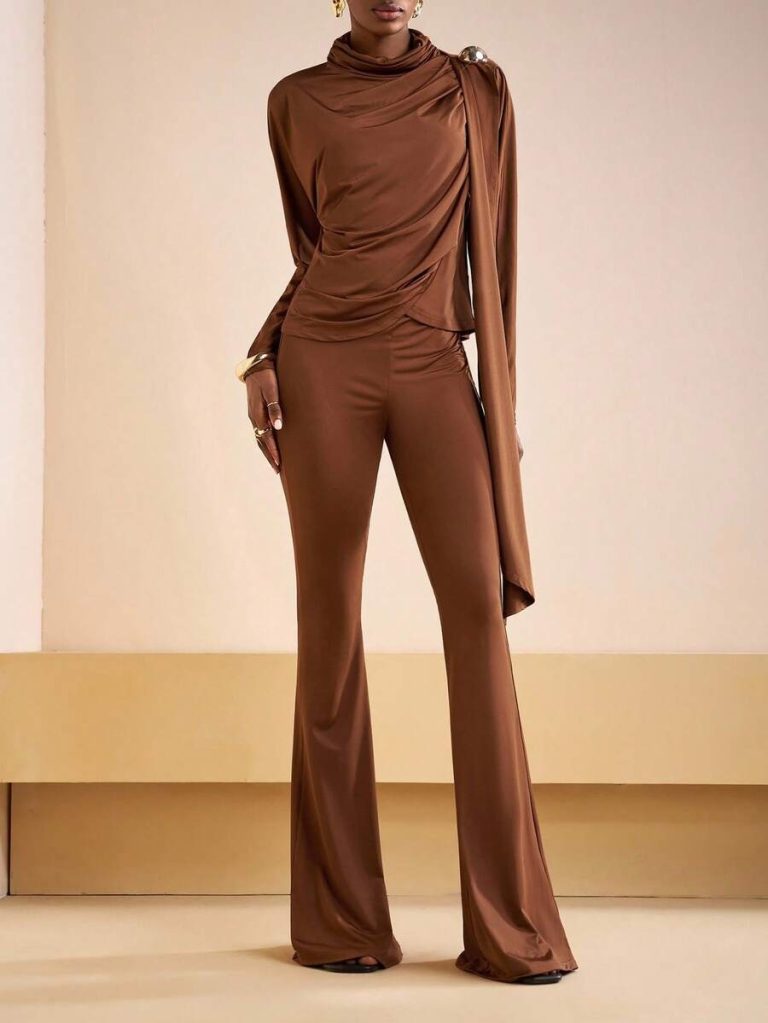 Zivah 2025 Autumn New Halloween Birthday Party Banquet College Style Student Daily Casual Cruise Travel Viral Hit Elegant Commute Business Casual Turtleneck Long Sleeve Metal Decor Shoulder Fitted Asymmetric Hem T-Shirt Paired With Fitted Flare Pants, Burgundy, Women 2-Piece Set, Autumn/Winter - Image 6