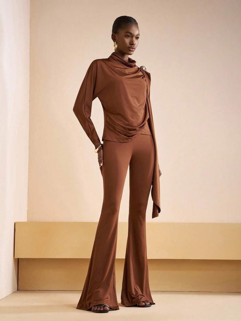 Zivah 2025 Autumn New Halloween Birthday Party Banquet College Style Student Daily Casual Cruise Travel Viral Hit Elegant Commute Business Casual Turtleneck Long Sleeve Metal Decor Shoulder Fitted Asymmetric Hem T-Shirt Paired With Fitted Flare Pants, Burgundy, Women 2-Piece Set, Autumn/Winter - Image 7
