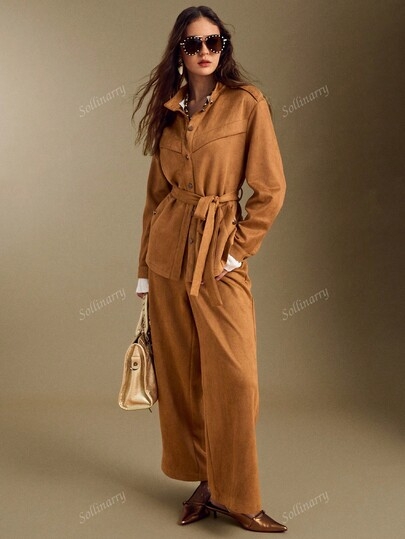2pcs Women's Urban Chic Faux Suede Front Button Stand Collar Long Sleeve Jacket Top And Pants Set, Autumn/Winter