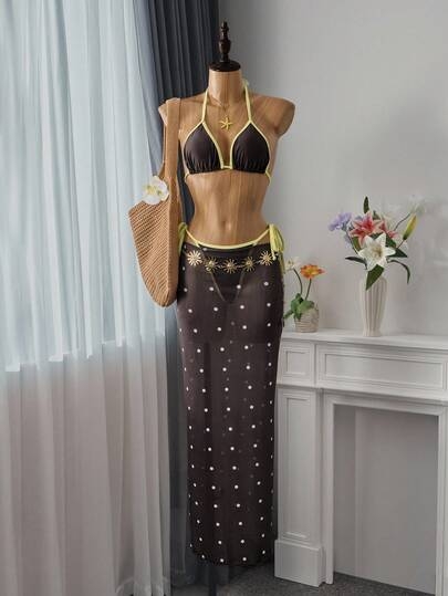 Bellisia Vacation Beach Colorblock Trim Polka Dot Mesh Cover-Up Bikini Set