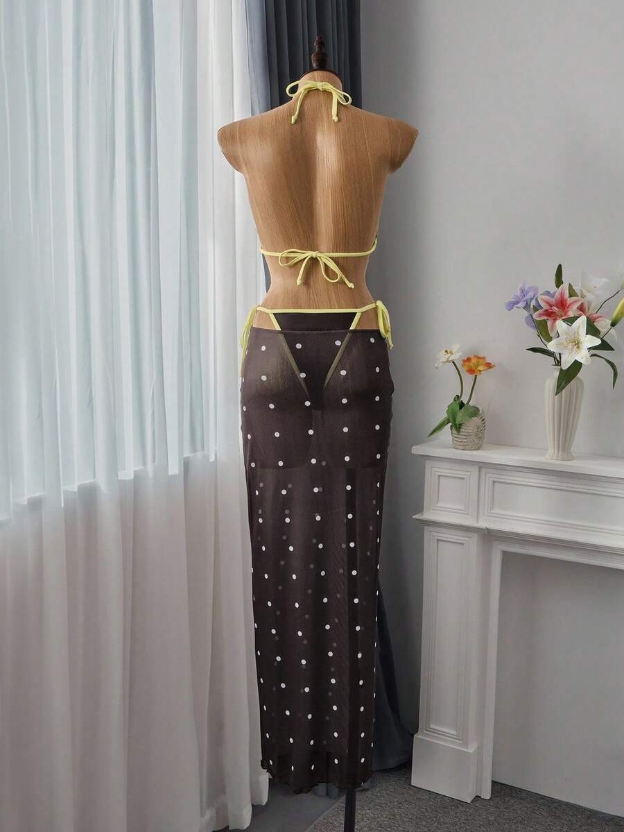 Bellisia Vacation Beach Colorblock Trim Polka Dot Mesh Cover-Up Bikini Set - Image 3