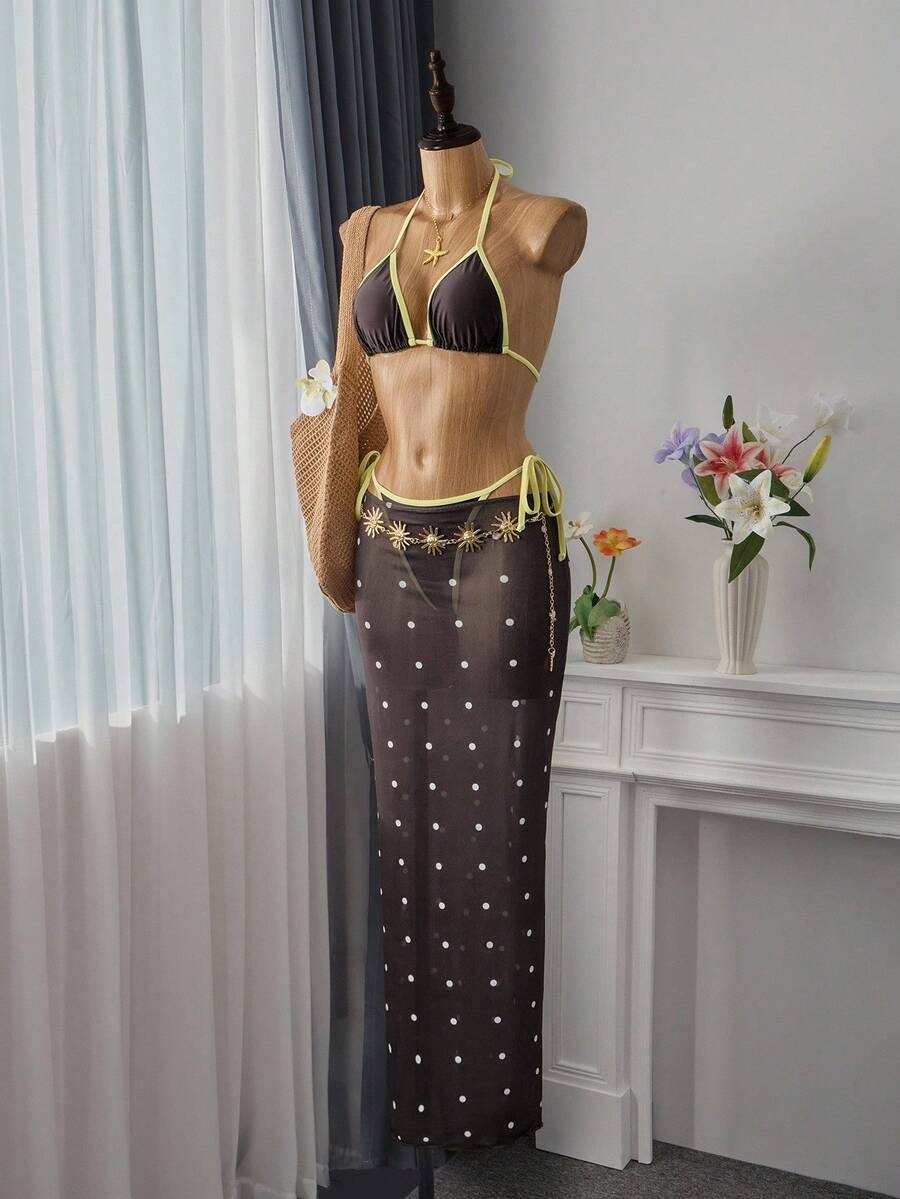 Bellisia Vacation Beach Colorblock Trim Polka Dot Mesh Cover-Up Bikini Set - Image 4