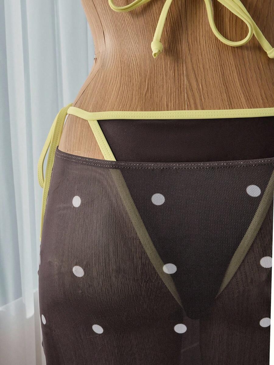 Bellisia Vacation Beach Colorblock Trim Polka Dot Mesh Cover-Up Bikini Set - Image 6