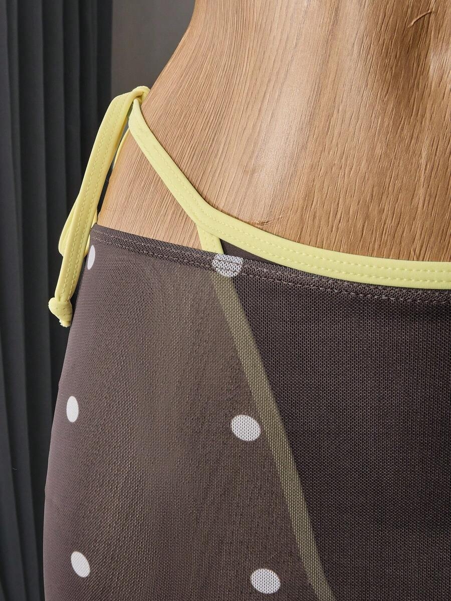 Bellisia Vacation Beach Colorblock Trim Polka Dot Mesh Cover-Up Bikini Set - Image 7