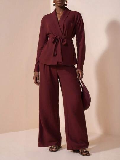 Zivah 2025 Autumn New Music Festival Western Nomadic Style Birthday Party Graduation Student Daily Casual Vacation Cruise Beach Sunbathing Viral Streetwear Halloween Costume Wedding Guest Bohemian Commute Brunch Business Casual Airport Party Holiday Elegant Long Sleeve Waist Tie Top And Wide Leg Pocket Pants 2-Piece Suit, Burgundy