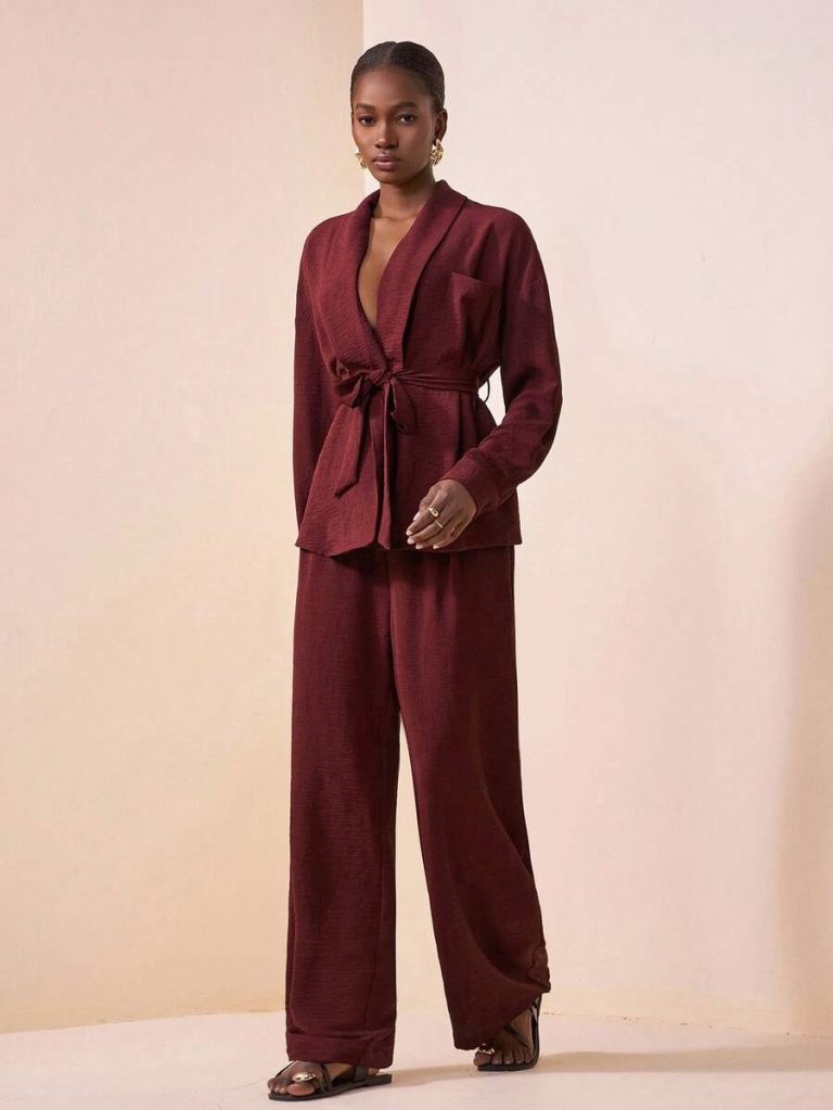 Zivah 2025 Autumn New Music Festival Western Nomadic Style Birthday Party Graduation Student Daily Casual Vacation Cruise Beach Sunbathing Viral Streetwear Halloween Costume Wedding Guest Bohemian Commute Brunch Business Casual Airport Party Holiday Elegant Long Sleeve Waist Tie Top And Wide Leg Pocket Pants 2-Piece Suit, Burgundy - Image 5