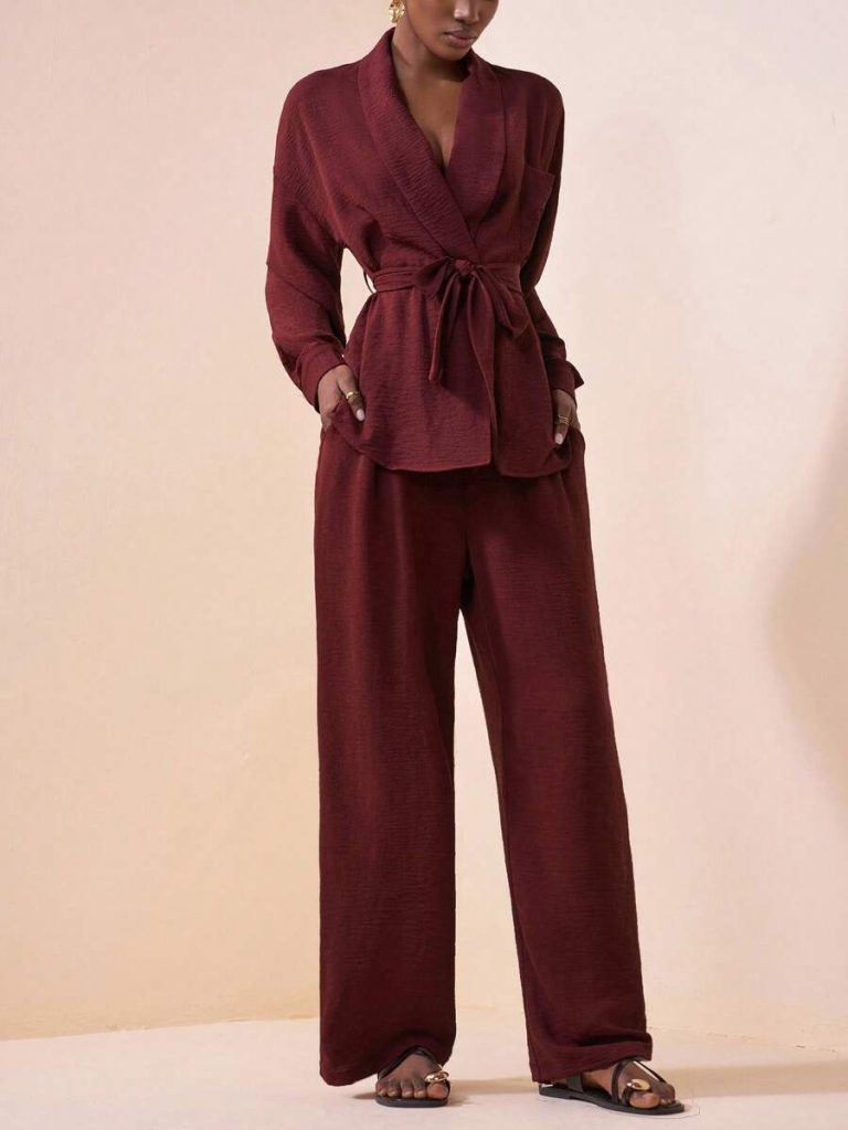 Zivah 2025 Autumn New Music Festival Western Nomadic Style Birthday Party Graduation Student Daily Casual Vacation Cruise Beach Sunbathing Viral Streetwear Halloween Costume Wedding Guest Bohemian Commute Brunch Business Casual Airport Party Holiday Elegant Long Sleeve Waist Tie Top And Wide Leg Pocket Pants 2-Piece Suit, Burgundy - Image 6