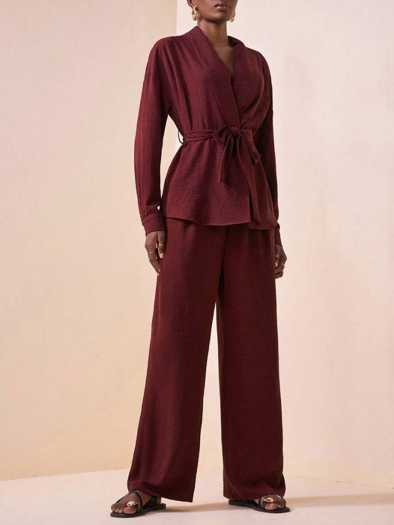 Zivah 2025 Autumn New Music Festival Western Nomadic Style Birthday Party Graduation Student Daily Casual Vacation Cruise Beach Sunbathing Viral Streetwear Halloween Costume Wedding Guest Bohemian Commute Brunch Business Casual Airport Party Holiday Elegant Long Sleeve Waist Tie Top And Wide Leg Pocket Pants 2-Piece Suit, Burgundy - Image 7