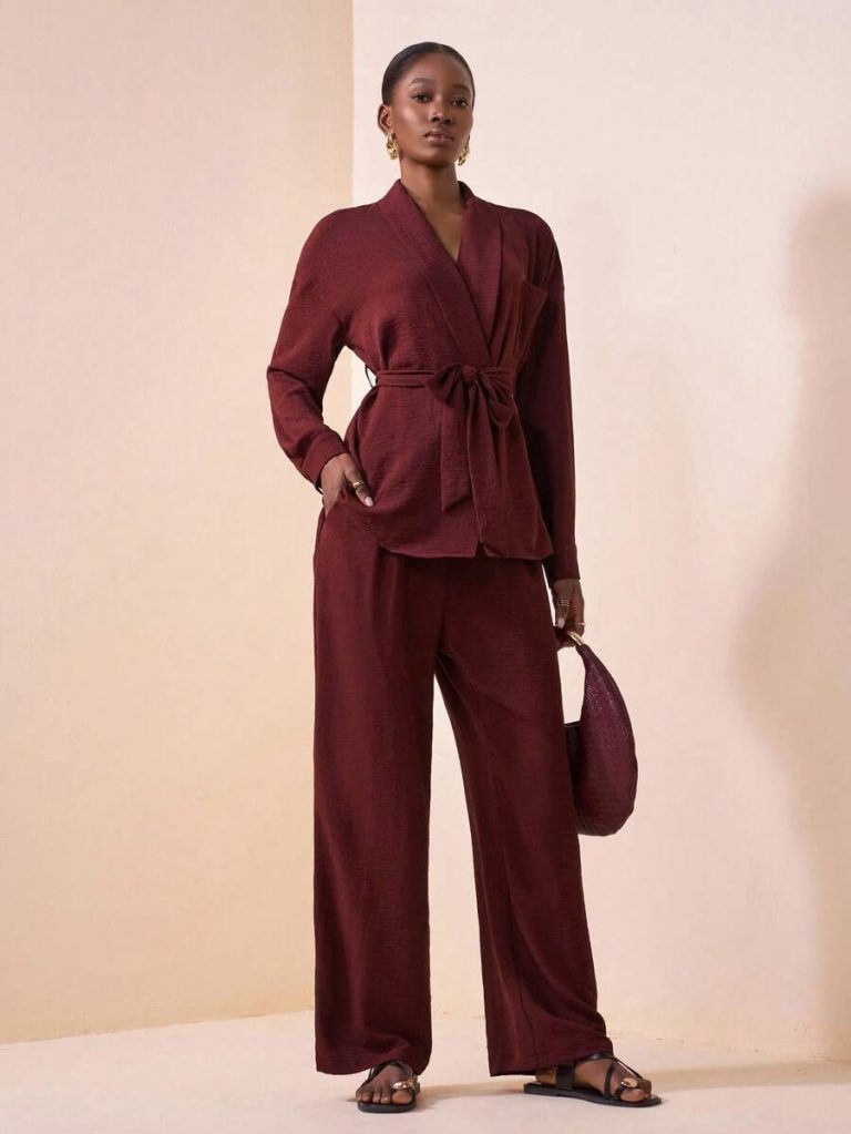 Zivah 2025 Autumn New Music Festival Western Nomadic Style Birthday Party Graduation Student Daily Casual Vacation Cruise Beach Sunbathing Viral Streetwear Halloween Costume Wedding Guest Bohemian Commute Brunch Business Casual Airport Party Holiday Elegant Long Sleeve Waist Tie Top And Wide Leg Pocket Pants 2-Piece Suit, Burgundy - Image 8