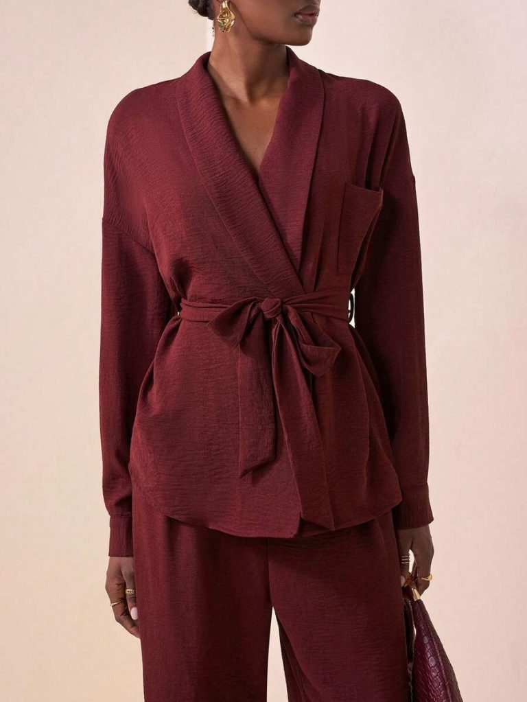 Zivah 2025 Autumn New Music Festival Western Nomadic Style Birthday Party Graduation Student Daily Casual Vacation Cruise Beach Sunbathing Viral Streetwear Halloween Costume Wedding Guest Bohemian Commute Brunch Business Casual Airport Party Holiday Elegant Long Sleeve Waist Tie Top And Wide Leg Pocket Pants 2-Piece Suit, Burgundy - Image 9