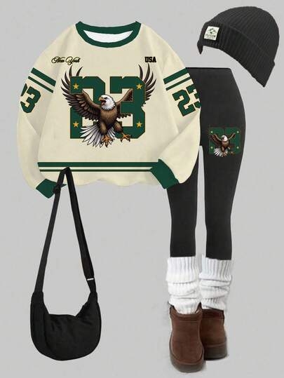 Slaydiva Women's Fall/Winter/Casual Streetwear Crew Neck Sweatshirt And Leggings Set/Back To School/Y2K/Outfits/Streetwear/Eagle & NO.23 Graphic
