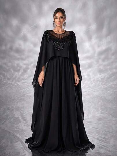 YISIKADO Women Chiffon Prom Dress Mesh Contrast Sequin Bolero Modest Long Dress Round Neck Elegant Festival Banquet Party Graduation Wedding Guest