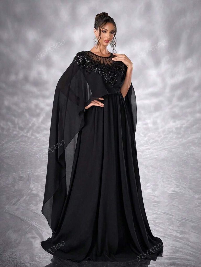 YISIKADO Women Chiffon Prom Dress Mesh Contrast Sequin Bolero Modest Long Dress Round Neck Elegant Festival Banquet Party Graduation Wedding Guest - Image 4