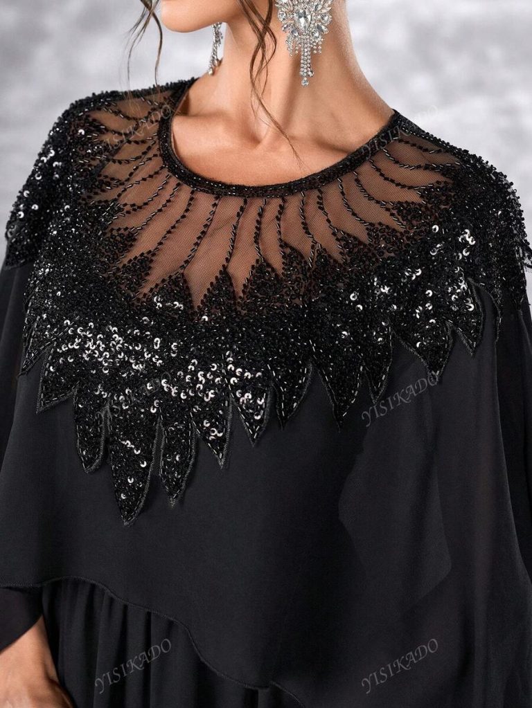 YISIKADO Women Chiffon Prom Dress Mesh Contrast Sequin Bolero Modest Long Dress Round Neck Elegant Festival Banquet Party Graduation Wedding Guest - Image 7