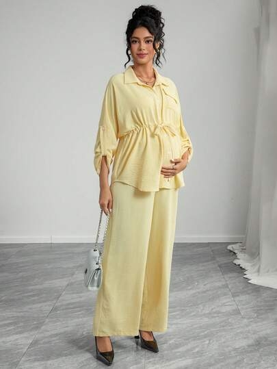 Momance 2pcs Solid Color Casual Elegant Snap Button Drawstring Tie Waist Pants Maternity Set