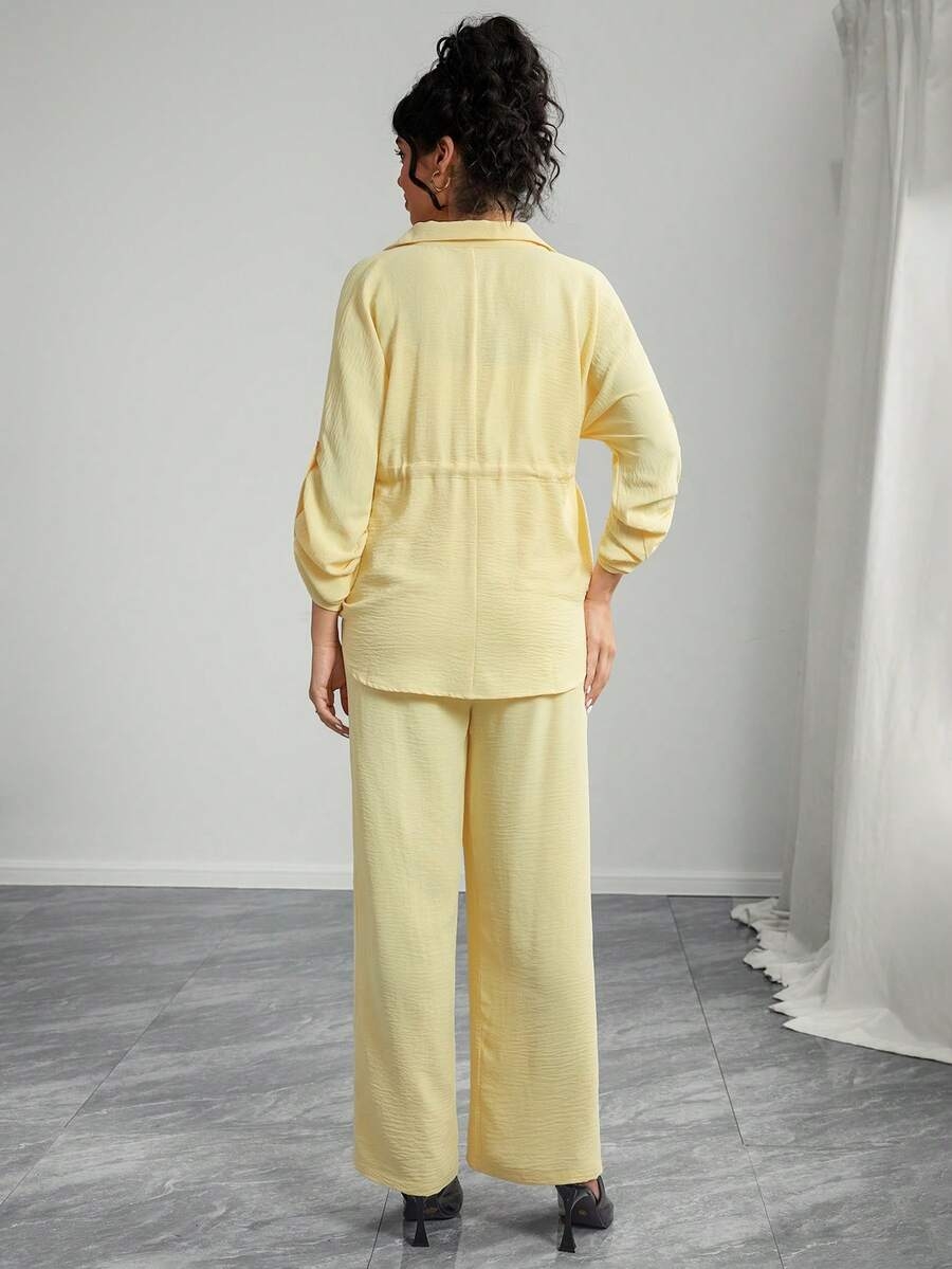 Momance 2pcs Solid Color Casual Elegant Snap Button Drawstring Tie Waist Pants Maternity Set - Image 3