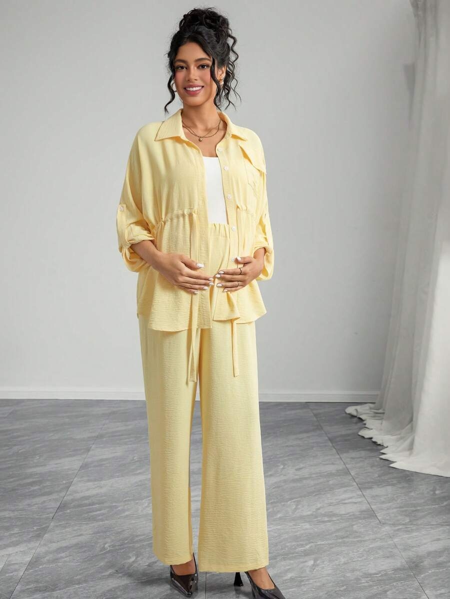 Momance 2pcs Solid Color Casual Elegant Snap Button Drawstring Tie Waist Pants Maternity Set - Image 4