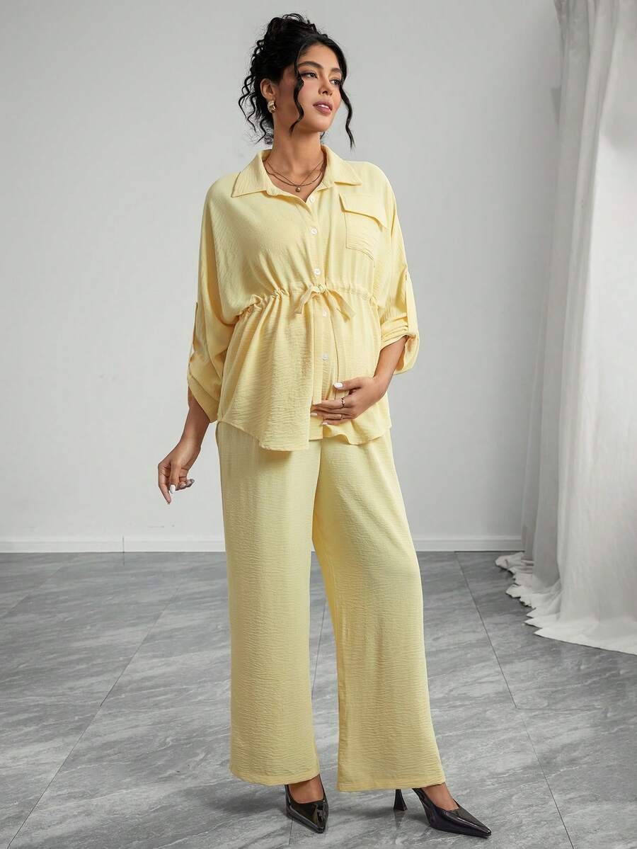 Momance 2pcs Solid Color Casual Elegant Snap Button Drawstring Tie Waist Pants Maternity Set - Image 5