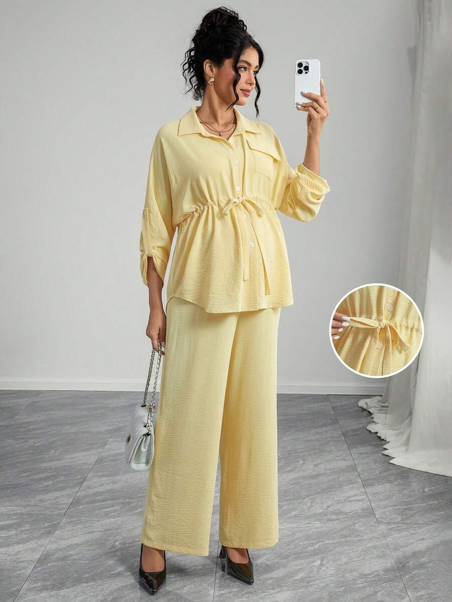 Momance 2pcs Solid Color Casual Elegant Snap Button Drawstring Tie Waist Pants Maternity Set - Image 6
