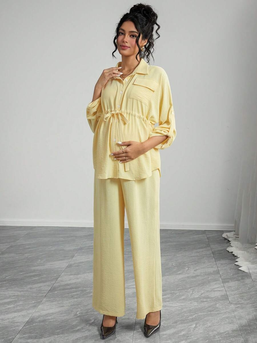 Momance 2pcs Solid Color Casual Elegant Snap Button Drawstring Tie Waist Pants Maternity Set - Image 7
