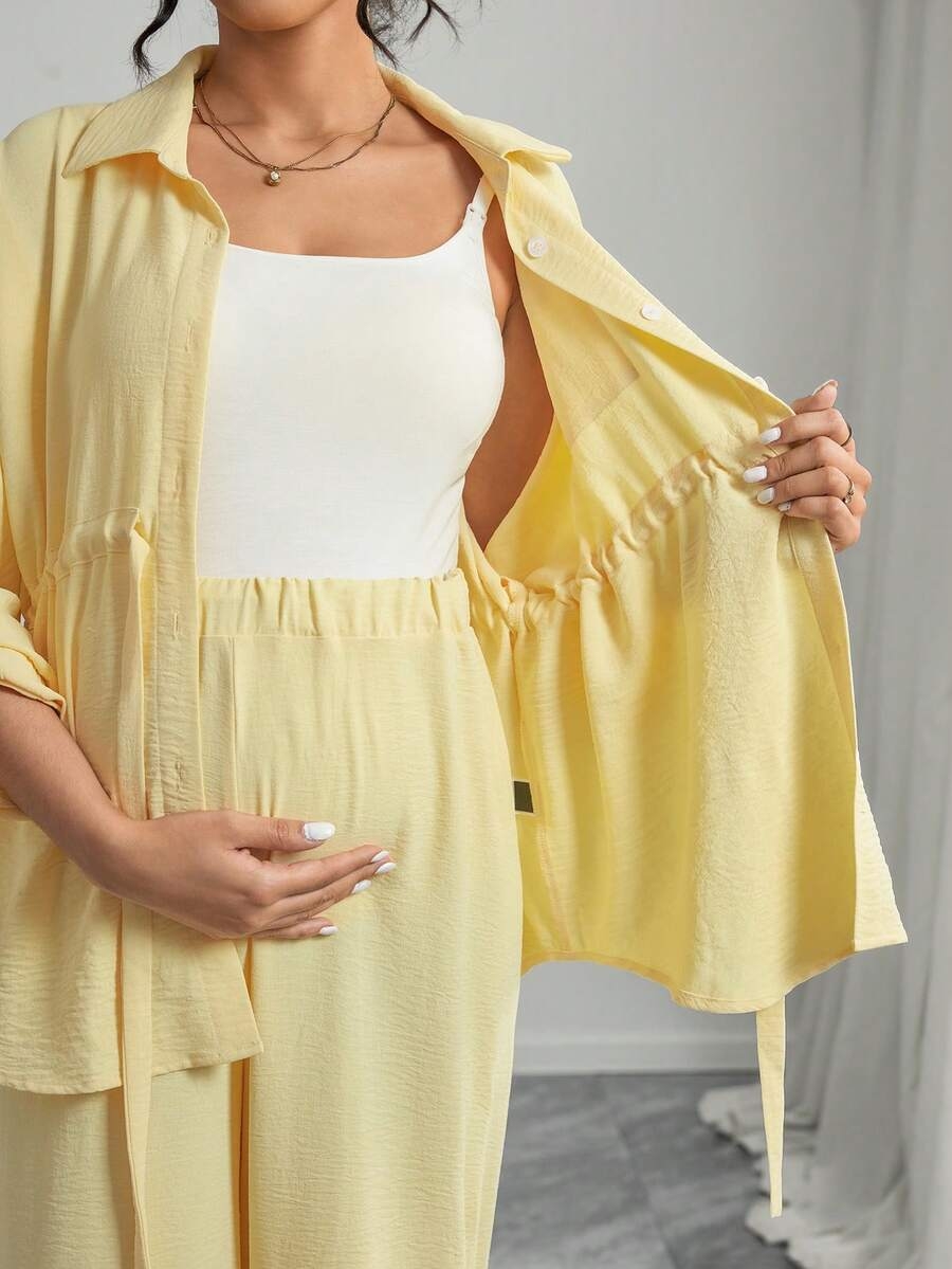 Momance 2pcs Solid Color Casual Elegant Snap Button Drawstring Tie Waist Pants Maternity Set - Image 8