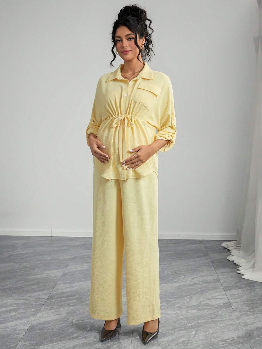 Momance 2pcs Solid Color Casual Elegant Snap Button Drawstring Tie Waist Pants Maternity Set - Image 9