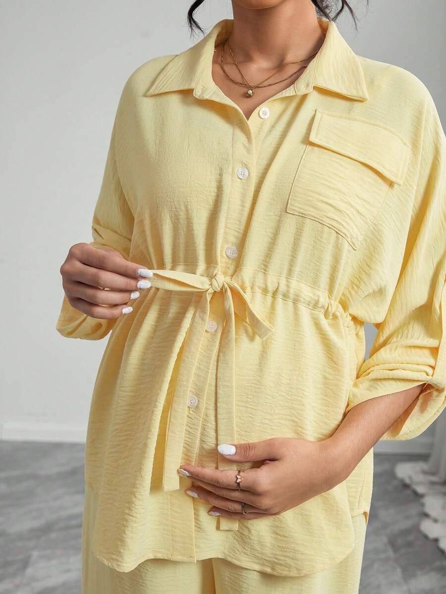 Momance 2pcs Solid Color Casual Elegant Snap Button Drawstring Tie Waist Pants Maternity Set - Image 10