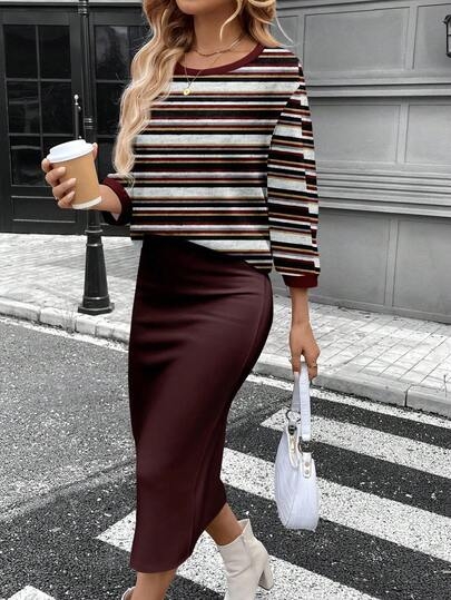 SHEIN LUNE 2pcs Women Casual Striped Round Neck 3/4 Sleeve Top And Pencil Midi Skirt Set, Suitable For Autumn/Winter Brown Two Piece Set Women Striped Two Piece Set
